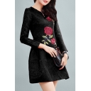 Elegant Embroidery Floral Pattern Long Sleeve Mini A-Line Dress