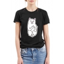 Fashion Cartoon Cat Printed Short Sleeve Casual Tee with Round Neck