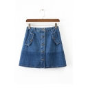 Summer's Plain Single Breasted Denim A-Line Mini Skirt with Slanting Pockets