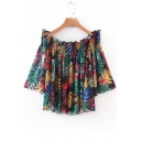Boat Neck 3/4 Sleeve Leaf Printed Pullover Cropped Blouse
