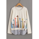 Sweet Deer Printed Round Neck Long Sleeve Patchwork Pullover Loose T-Shirt