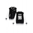 Fashion HOSHI Number Printed Striped Trim Single Breasted Color Block Bomber Jacket