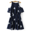 Women's Cold Shoulder Heart Printed Ruffle Front Midi Dress