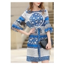 Elegant Flare Half Sleeve Tribal Printed Drawstring Waist Color Block Midi Dress