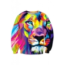 Fashion Color Block Lion Printed Round Neck Long Sleeve Pullover Sweatshirt