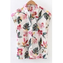 Floral Printed Lapel Single Breasted Lapel Sleeveless Color Block Shirt