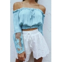 Sexy Off the Shoulder Lace Patchwork Long Sleeve Plain Cropped Blouse
