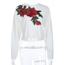 Round Neck Long Sleeve Floral Embroidered Cotton Pullover Cropped Tee