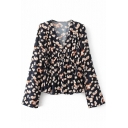 V neck Long Sleeve Floral Printed Pullover New Fashion Blouse