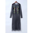 Sexy See Through Sheer Embroidery Floral Pattern Maxi T-Shirt Dress