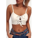 New Arrival Plain Spaghetti Straps Lace Up Front Cropped Cami Top
