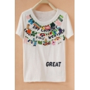 Funny Cartoon Letter Printed Round Neck Short Sleeve Pullover T-Shirt
