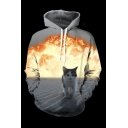 New Arrival Digital Fire Cat Printed Long Sleeve Casual Hoodie with Pockets