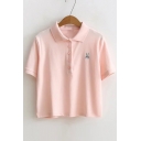 Lovely Rabbit Embroidered Polo Collar Short Sleeve Buttons Down Cropped Tee