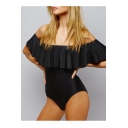 Special Ruffle Front Off the Shoulder Plain One Pieces
