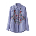 Striped Embroidery Floral Pattern Single Breasted Long Sleeve Tunic Shirt