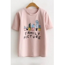 Basic Letter Cactus Printed Round Neck Short Sleeve Summer's Graphic T-Shirt