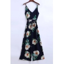 V-Neck Spaghetti Straps Tie Waist Zip Side Floral Printed Wide Legs Jumpsuits