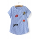 Striped Print Lip Bee Embroidered Round Neck Short Sleeve Pullover Relaxed Tee