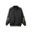 Fashion Embroidery Crane Pattern in Raglan Sleeves Zipper Placket Bomber Jacket