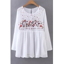 Split Tied Back Embroidery Floral Pattern Long Sleeve Round Neck Blouse