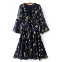 Floral Printed Plunge Neck Flare Sleeve A-Line Wrap Midi Dress