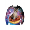 3D Galaxy Cat Printed Round Neck Long Sleeve New Fashion Casual Sweatshirt