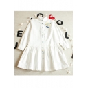 Lapel Collar Long Sleeve Floral Embroidered Buttons Down A-Line Shirt Dress