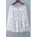 Fashion Sheer Mesh Lace Floral Pattern Long Sleeve Round Neck Plain Top