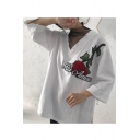 Mesh Patchwork Embroidery Floral/Smile Face Printed 3/4 Length Sleeve False Two Pieces  T-Shirt