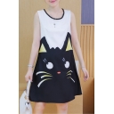 Round Neck Sleeveless Cute Cat Printed Color Block Oversize Mini A-Line Tank Dress