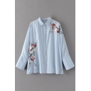Summer's Floral Embroidered Lapel Collar Long Sleeve Single Breasted Shirt