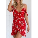 Sexy Glamorous Spaghetti Straps V-Neck Cold Shoulder Ruffle Front Floral Printed Wrap Dress