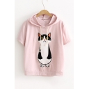 Drawstring Hooded Short Sleeve Cartoon Cat Embroidered Pullover T-Shirt