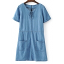 Casual Lace Up Front Round Neck Short Sleeve Zip-Back Mini Denim Dress with Pockets