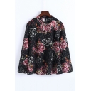 Stand-Up Collar Long Sleeve Keyhole Back Sheer Lace Inserted Floral Printed Vintage Blouse
