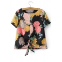 Contrast Floral Printed Short Sleeve Knotted Hem Round Neck Top