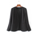Solid Color Collarless Open Front Long Sleeve Blazer