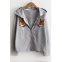 Fox Embroidered Long Sleeve Hooded Casual Loose Zip Placket Basic Coat