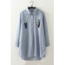 Women's Cartoon Embroidery Cat Pattern Long Sleeve Lapel High Low Hem Tunic Button Down Shirt