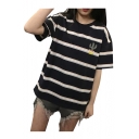 Summer's Color Block Striped Print Round Neck Short Sleeve Cactus Pattern Loose Tee