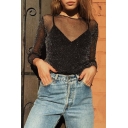 Sexy See Through Mesh Long Sleeve Boat Neck Plain Top