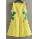 Round Neck Sleeveless Fashion Insect Embroidered Applique A-Line Dress