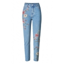 Floral Embroidered Basic Straight Jeans with Slanting Pockets