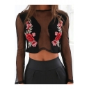 New Fashion Sexy Hollow Out Round Neck Long Sleeve Floral Printed Cropped Tee