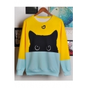 Lovely Cat Printed Color Block Long Sleeve Round Neck Pullover Sweatshirt