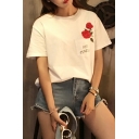 Popular Embroidery Floral Pattern Short Sleeve Round Neck Casual Tee with A Pocket