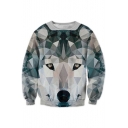 Digital Color Block Wolf Printed Round Neck Long Sleeve Pullover Stylish Sweatshirt