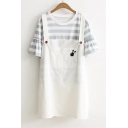 Round Neck Flare Sleeve Striped Printed Cotton Tee Embroidered Mini Overall Dress Co-ords