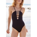 Sexy Plain Black Spaghetti Straps Hollow Out Front Slim One Piece Swimwear
